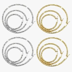 Hoop Earring Set (6 Count) Silver & Gold Textured Stainless Steel Hypoallergenic